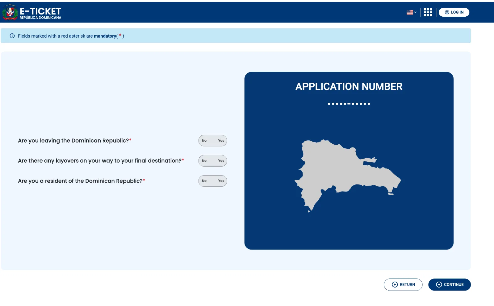 The portal's trip questions: whether you are leaving the Dominican Republic, whether you have layovers, and whether you are a resident, with an application number shown on a card to the right.