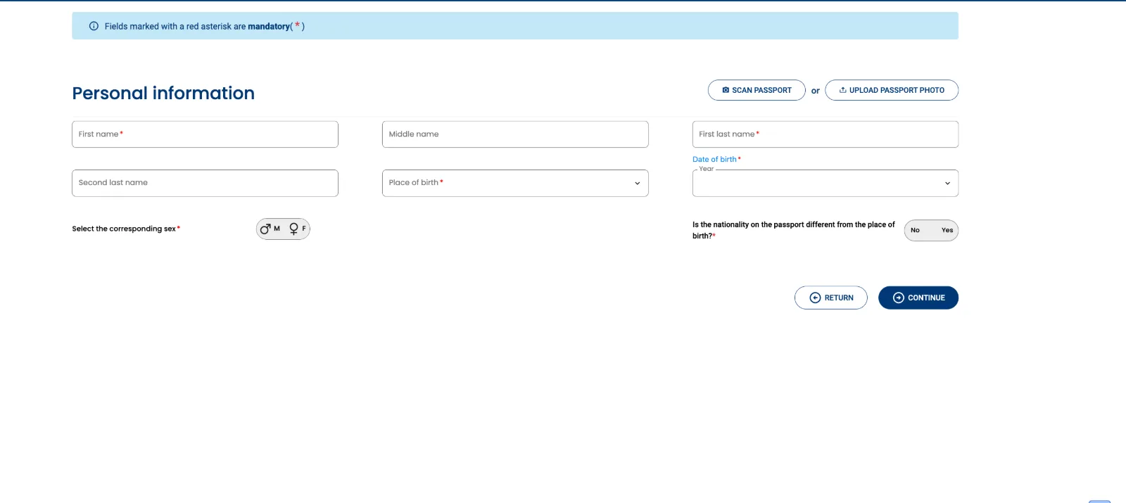 The portal's Personal information step, unfilled: first name, middle name, first and second last name, place of birth, date of birth, sex, and whether passport nationality differs from place of birth.