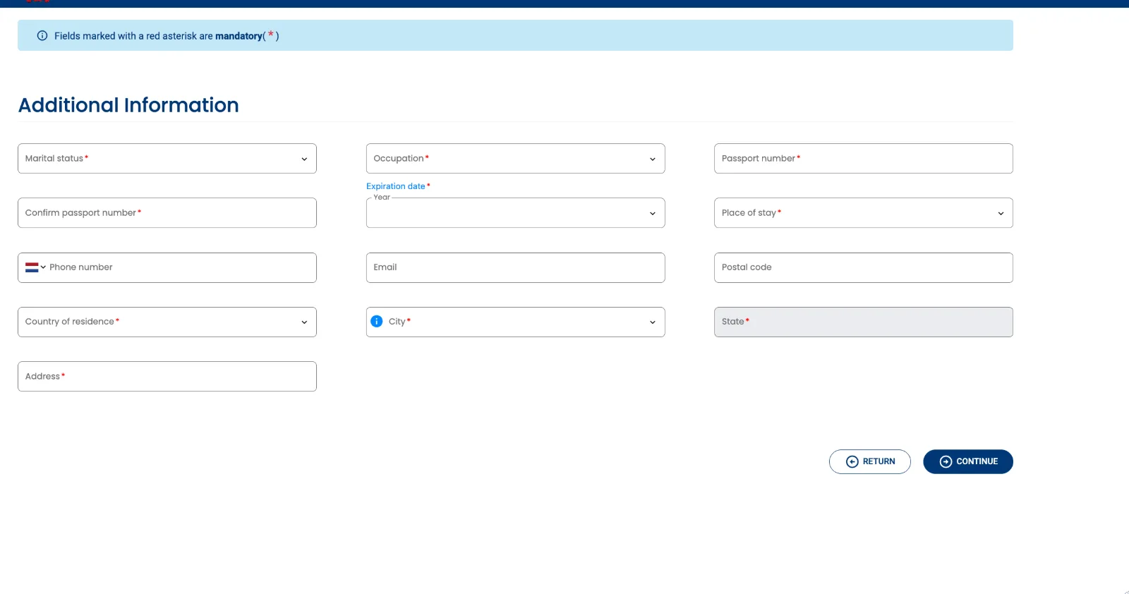 The portal's Additional information step, unfilled: marital status, occupation, passport number and confirmation, passport expiry, place of stay, phone, email, postal code, country of residence, city, state and address.