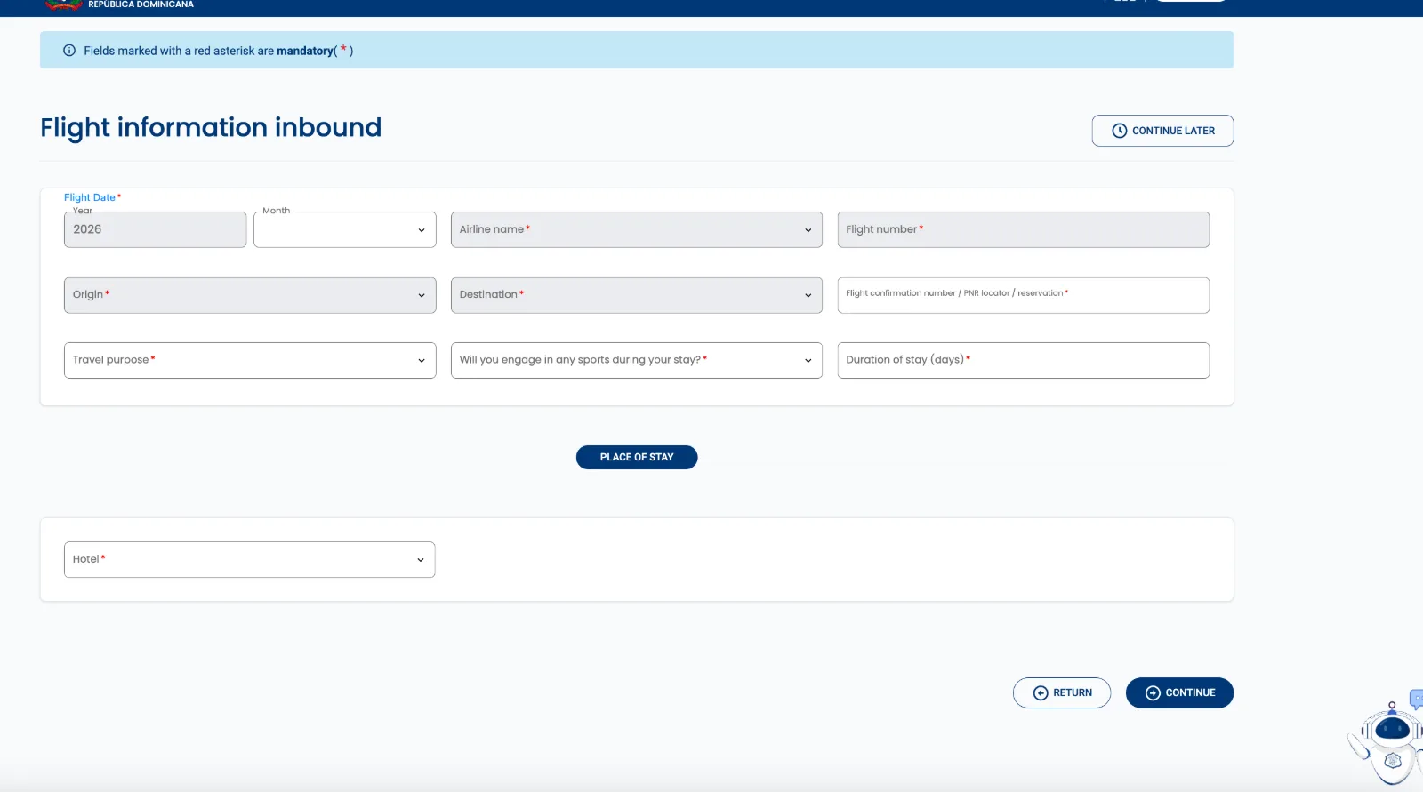 The portal's inbound flight step, unfilled: flight date, airline, flight number, origin, destination, confirmation number, travel purpose, duration of stay, and a separate Place of stay section with a hotel selector.